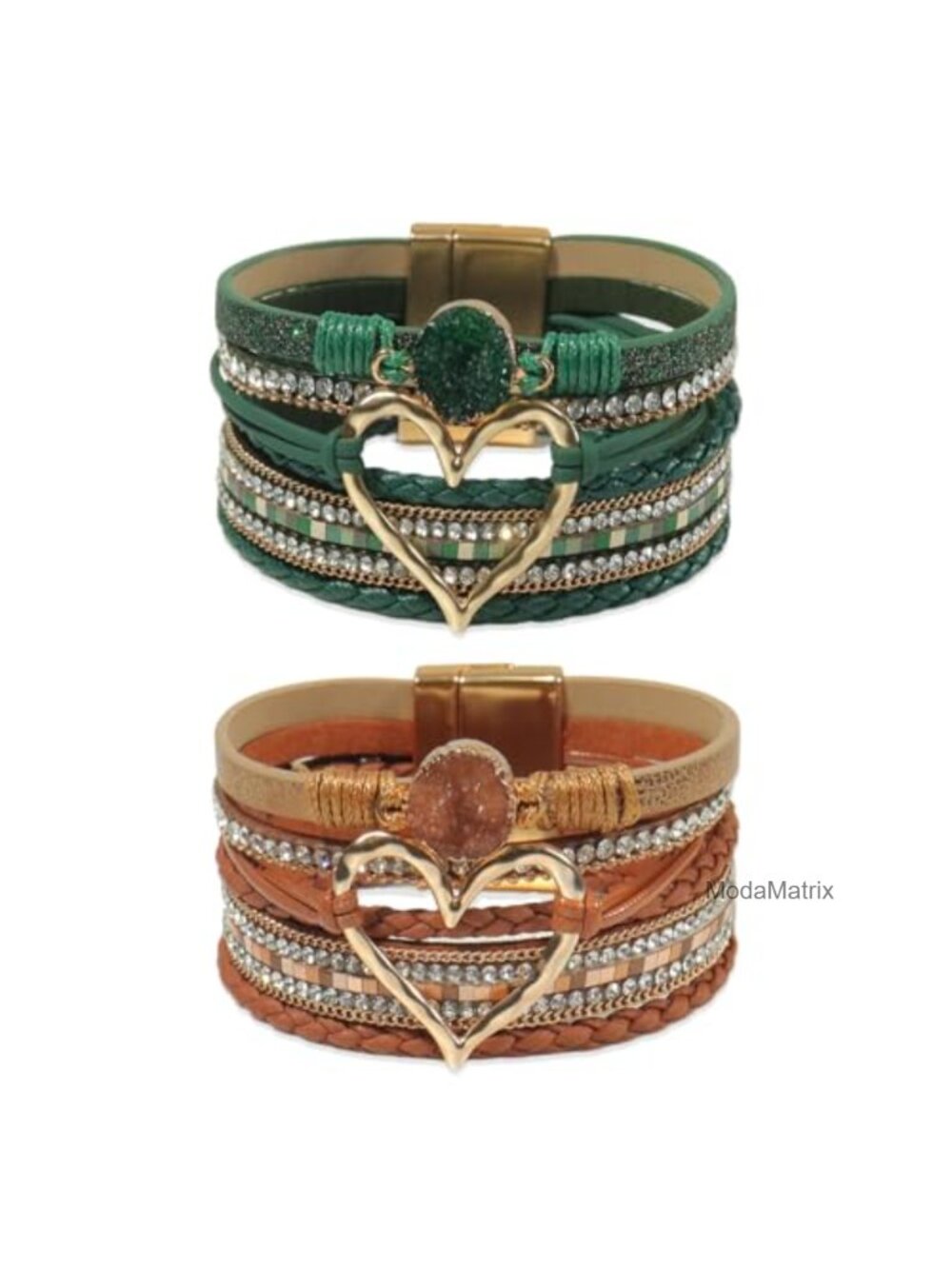2 Pcs Boho Woven Leather Wrap Bracelet Heart Rhinestone Stackable